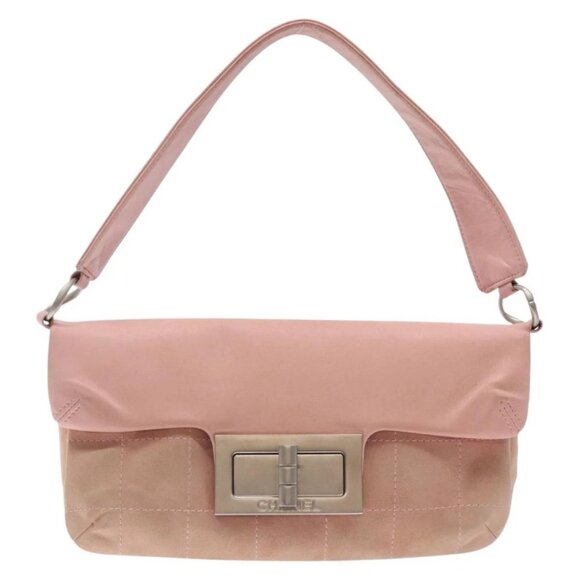 CHANEL Choco Bar Shoulder Bag Suede Pink Silver CC Auth 132385 - Picture 2 of 16